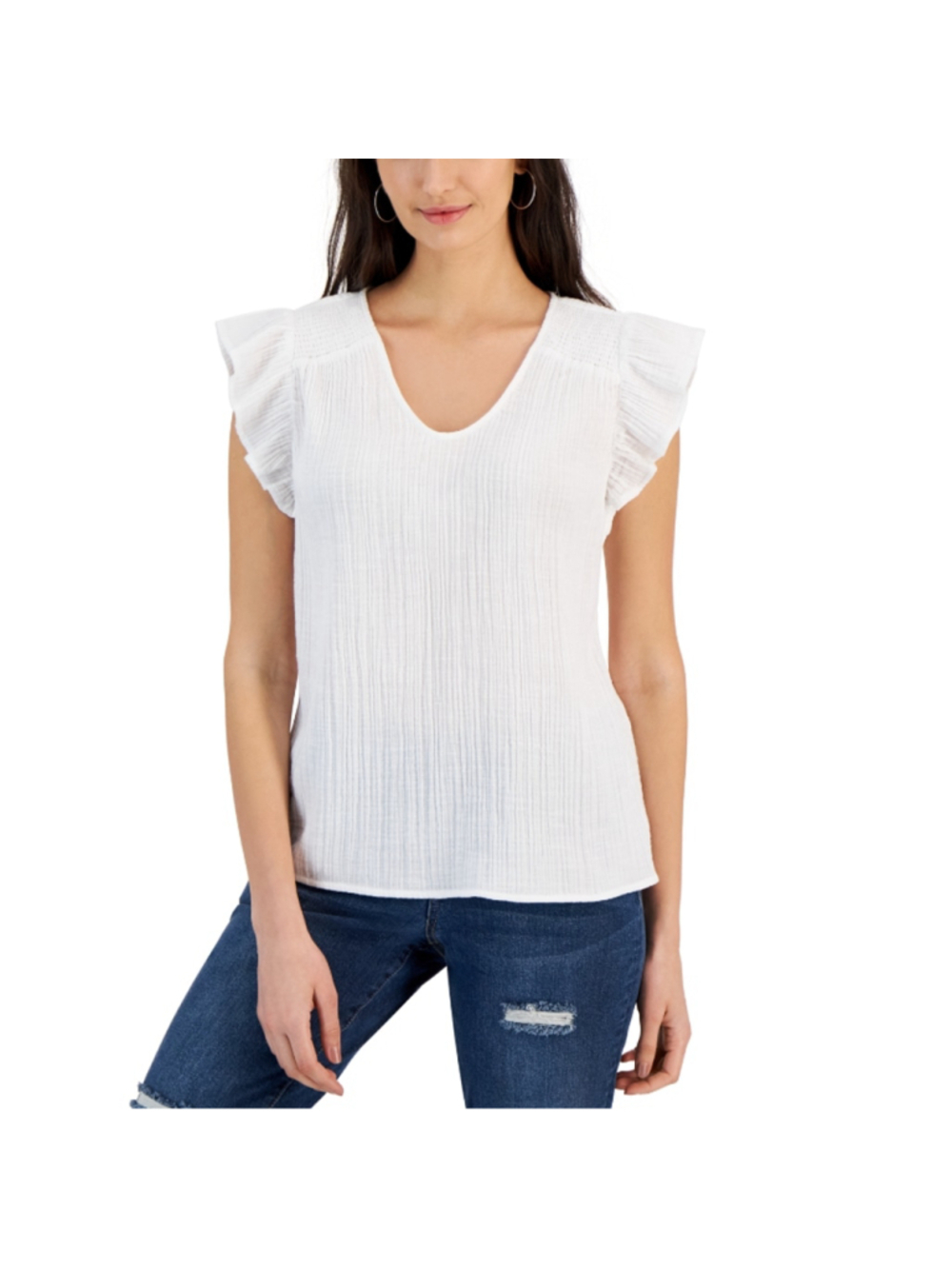 Style & Co Medium White Ruffle Sleeve V-Neck Flutter-Sleeve Blouse Top NWT